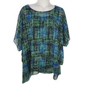 CABI Women's Top Medium Green Painted Plaid Paradox Layered Blouse Style 3770